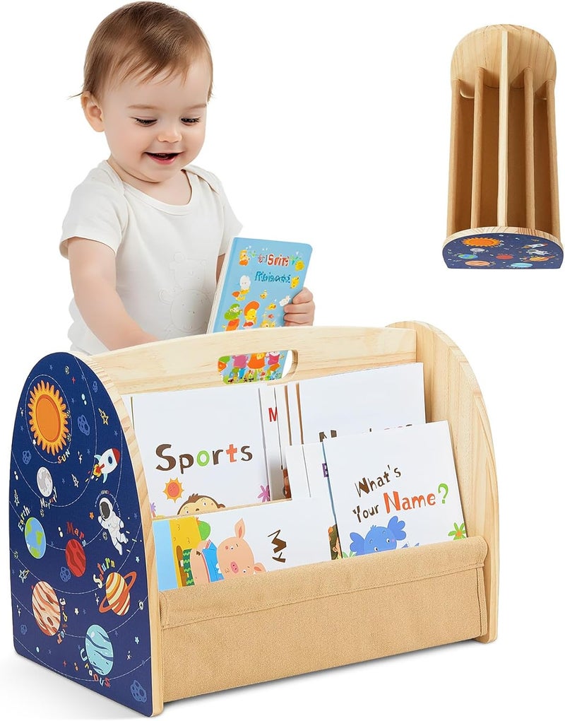SheSeek Toddler Bookshelf Double-Sided with 4 Tier Deep Sleeves Kids Wooden Montessori Book Rack for Baby Nursery Room, Playroom, Classroom or Bedroom Bookcase Storage Organizer, Blue Astronaut - Image 1